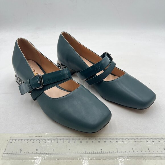 YDN Teal Pumps Elastic Mary Jane Studded Block Low Heel Square Toe Buckle Shoe - Picture 4 of 8